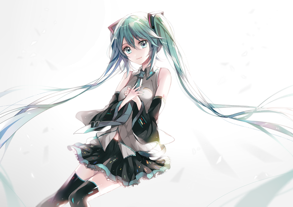 Anime picture 1260x890 with vocaloid hatsune miku n n (vbdpsep) single fringe simple background hair between eyes white background twintails bare shoulders payot looking away very long hair aqua eyes light smile aqua hair girl thighhighs black thighhighs detached sleeves