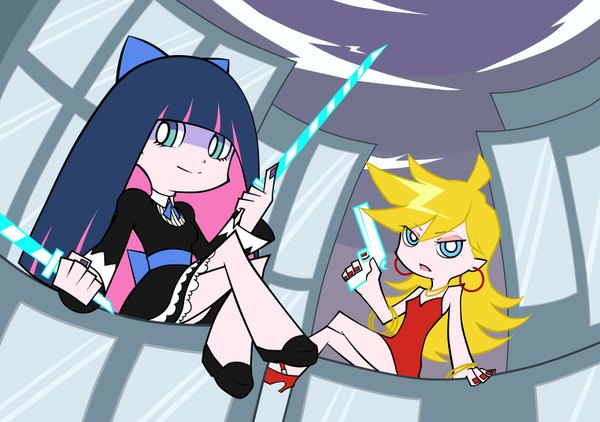 Anime picture 1524x1072 with panty & stocking with garterbelt anarchy stocking anarchy panty long hair blonde hair bare shoulders multiple girls cleavage purple hair ahoge nail polish multicolored hair aqua eyes crossed legs colored inner hair girl dress bow weapon 2 girls