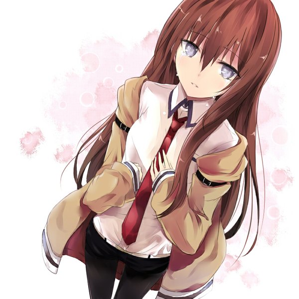 Anime picture 800x800 with steins;gate white fox makise kurisu maromi (am97) single long hair looking at viewer fringe brown hair from above open clothes open jacket grey eyes tears girl shirt necktie jacket belt white shirt