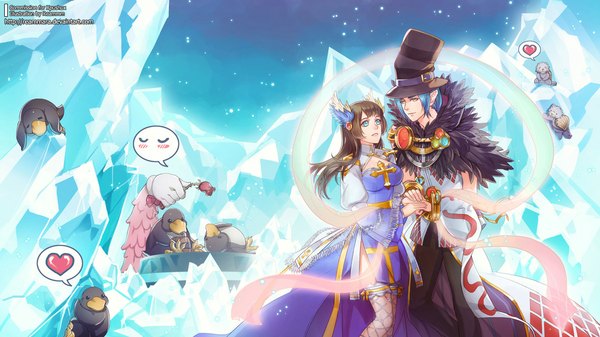 Anime picture 1138x640 with reammara long hair blush short hair open mouth blue eyes brown hair wide image blue hair pointy ears inscription couple holding hands girl thighhighs dress boy hair ornament flower (flowers) animal