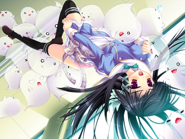 Anime picture 1600x1200 with can fes! kagesaka homare black hair red eyes game cg upside down girl thighhighs black thighhighs