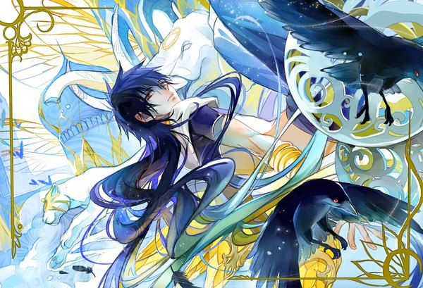 Anime picture 1100x750 with magi the labyrinth of magic a-1 pictures judal niaoniao single long hair looking at viewer fringe black hair red eyes looking back boy animal choker bracelet bird (birds) feather (feathers) crow arabian clothes elephant