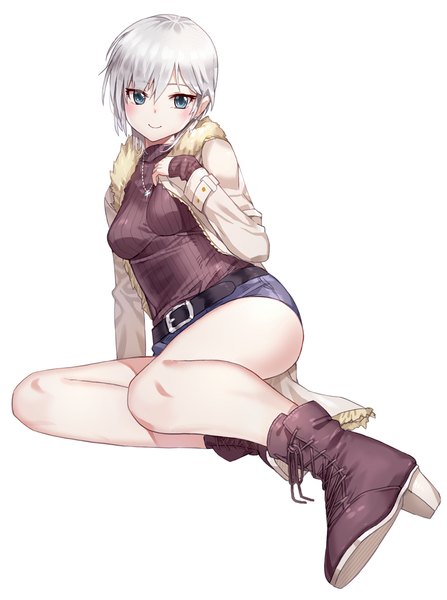 Anime picture 797x1070 with idolmaster idolmaster cinderella girls anastasia (idolmaster) kfr single tall image looking at viewer blush fringe short hair breasts blue eyes light erotic simple background smile white background sitting silver hair bent knee (knees) open jacket