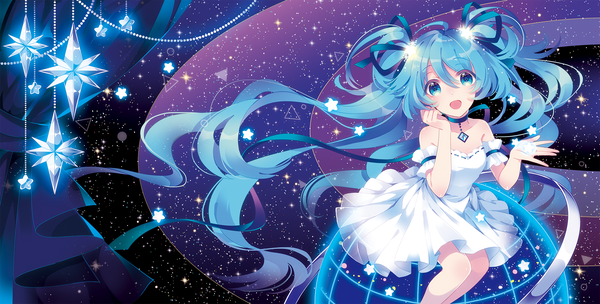 Anime picture 1800x914 with vocaloid hatsune miku kina (446964) single looking at viewer fringe highres blue eyes hair between eyes wide image twintails bare shoulders blue hair bent knee (knees) very long hair sparkle short sleeves floating hair symbol-shaped pupils happy