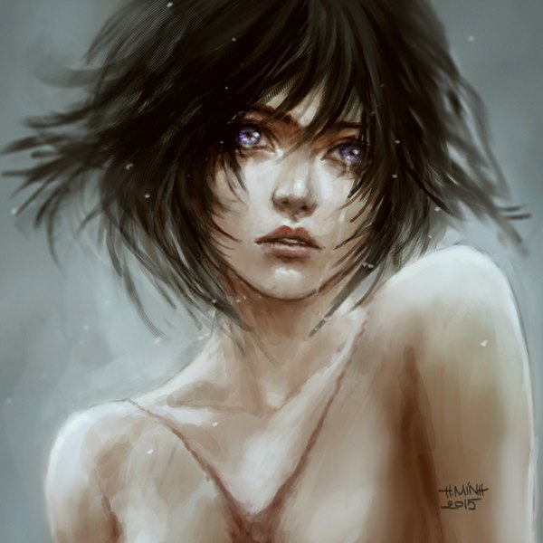 Anime picture 1000x1000 with dogs: bullets & carnage david production fuyumine naoto nanfe single fringe short hair light erotic black hair purple eyes bare shoulders signed looking away parted lips lips grey background grey eyes leaning gradient background dated