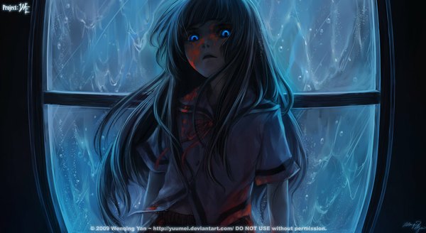 Anime picture 1024x561 with project: we yuumei single long hair looking at viewer blue eyes wide image signed aqua hair girl shirt serafuku window blood