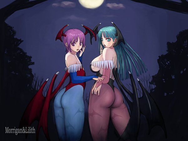 Anime picture 1024x768 with vampire / darkstalkers (game) capcom morrigan aensland lilith aensland ark long hair short hair breasts light erotic large breasts standing purple eyes bare shoulders multiple girls purple hair ass outdoors nail polish looking back aqua eyes