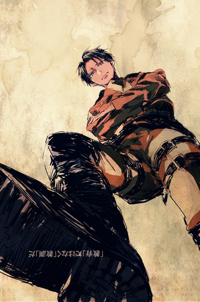 Anime picture 991x1495 with shingeki no kyojin production i.g levi (rivaille) tagme (artist) single tall image looking at viewer short hair blue eyes black hair simple background inscription from below looking down soles crossed arms frown traditional media boy uniform