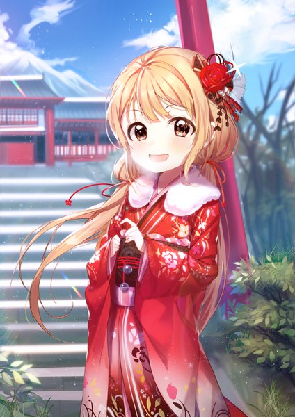 Anime picture 2480x3508 with idolmaster idolmaster cinderella girls futaba anzu dr poapo single long hair tall image blush highres open mouth blonde hair smile brown eyes sky cloud (clouds) traditional clothes japanese clothes hair flower mountain exhalation