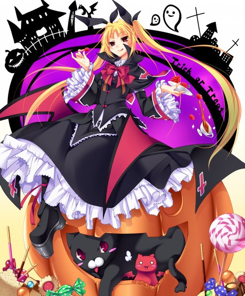 Anime picture 1024x1237 with blazblue rachel alucard gii nago sayo wini single long hair tall image blonde hair red eyes twintails girl dress bow food sweets cat cup vegetables pumpkin