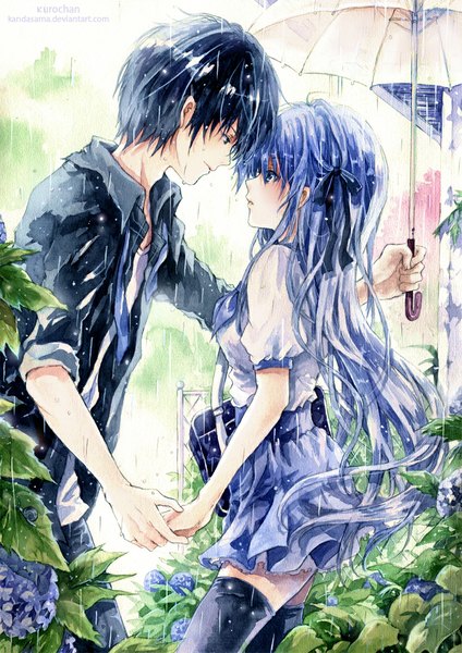 Anime picture 806x1140 with kandasama long hair tall image fringe short hair blue eyes blue hair wet zettai ryouiki rain wet clothes face to face eye contact twisty sleeves girl thighhighs boy uniform flower (flowers) black thighhighs