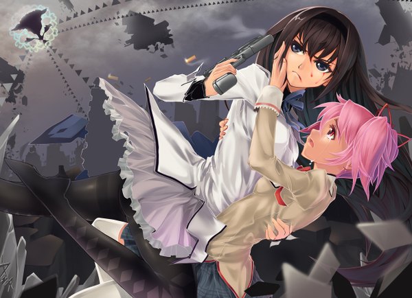 Anime picture 1240x898 with mahou shoujo madoka magica shaft (studio) akemi homura kaname madoka ana tea (artist) long hair short hair black hair red eyes multiple girls pink hair black eyes tears witch girl uniform 2 girls school uniform pantyhose gun