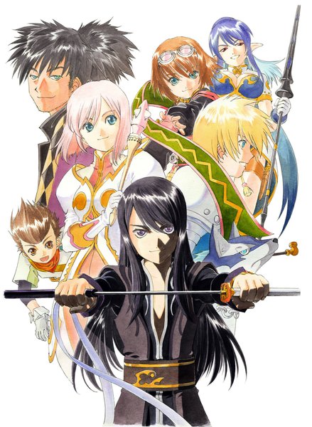 Anime picture 1317x1800 with tales of (series) tales of vesperia namco (studio) yuri lowell estellise sidos heurassein flynn scifo judith rita mordio repede raven (tov) karol capel fujishima kousuke long hair tall image looking at viewer short hair open mouth blue eyes black hair simple background