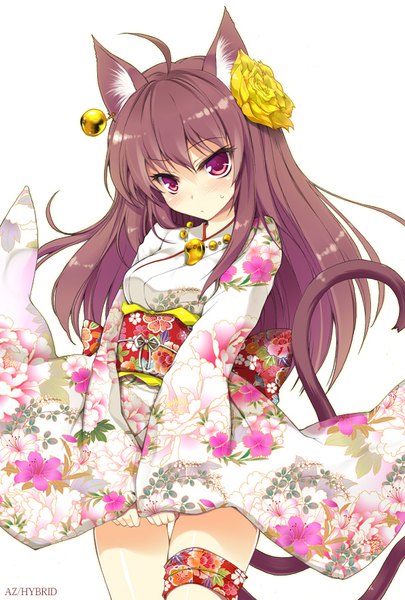 Anime picture 596x882 with original won (az hybrid) single long hair tall image looking at viewer blush fringe simple background hair between eyes brown hair white background purple eyes signed animal ears payot ahoge tail traditional clothes japanese clothes