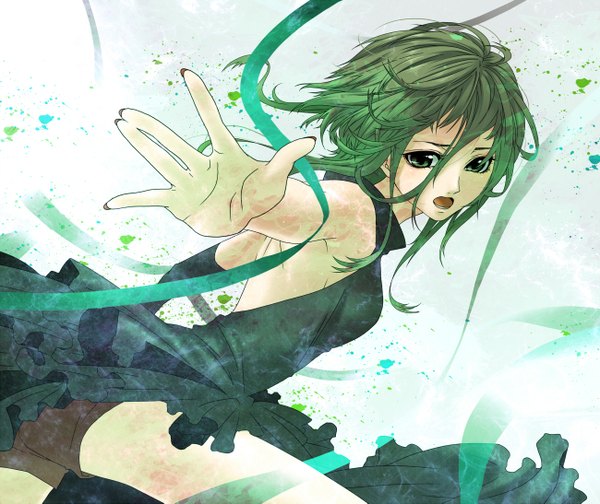 Anime picture 1300x1093 with vocaloid gumi naoto single fringe short hair open mouth bare shoulders green eyes fingernails green hair alternate costume girl dress ribbon (ribbons) shorts