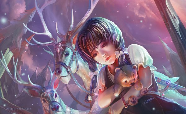 Anime picture 1600x979 with warcraft pamela chenbo long hair brown hair wide image twintails signed sky horn (horns) realistic from below snowing winter sad girl bow plant (plants) hair bow animal