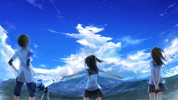 Anime picture 1920x1080 with original minamito long hair highres short hair black hair brown hair wide image twintails multiple girls looking away sky cloud (clouds) wind wallpaper spread arms hands behind back mountain landscape scenic