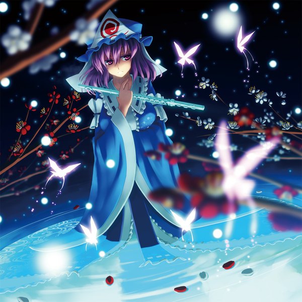 Anime picture 1000x1000 with touhou saigyouji yuyuko din (flypaper) single short hair red eyes looking away purple hair girl dress flower (flowers) petals insect butterfly bonnet musical instrument flute