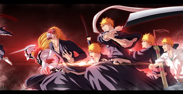 Anime picture 1600x826 with bleach studio pierrot kurosaki ichigo tremblax long hair short hair wide image japanese clothes profile horn (horns) sunlight orange hair orange eyes coloring letterboxed muscle angry multiple persona boy weapon