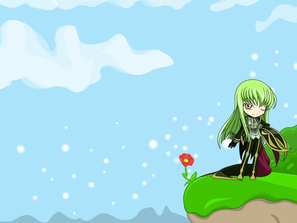 Anime picture 1024x768 with code geass sunrise (studio) c.c. single long hair fringe standing yellow eyes payot cloud (clouds) full body outdoors long sleeves one eye closed green hair chibi girl uniform flower (flowers)