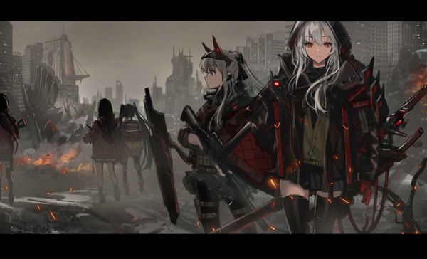 Anime picture 3508x2134 with original wu lun wujin long hair looking at viewer fringe highres black hair hair between eyes wide image standing twintails multiple girls holding brown eyes absurdres parted lips profile pleated skirt grey hair from behind