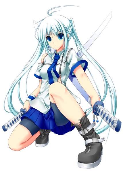 Anime picture 2500x3500 with original shouyan single long hair tall image looking at viewer highres blue eyes simple background white background white hair girl skirt weapon sword necktie boots katana bike shorts