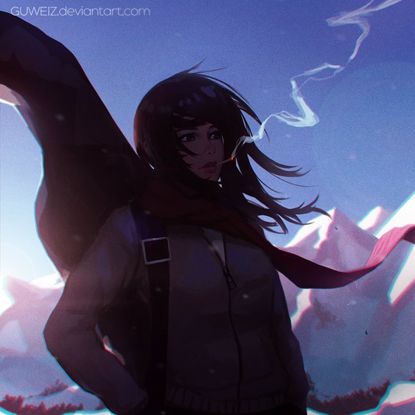 Anime picture 900x900 with guweiz single long hair black hair signed looking away upper body lips black eyes eyebrows mountain ilya kuvshinov (style) girl cigarette clothes