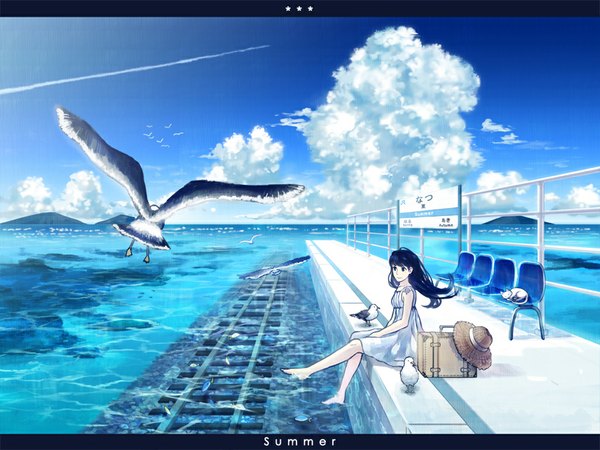 Anime picture 1024x768 with original amemura long hair black hair sitting sky cloud (clouds) barefoot letterboxed scenic girl hat animal water bird (birds) fish (fishes) straw hat bench suitcase seagull
