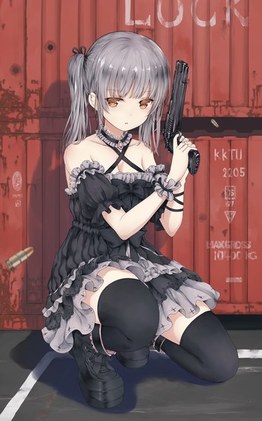 Anime picture 720x1157 with original catbell single long hair tall image looking at viewer blush fringe twintails bare shoulders brown eyes payot bent knee (knees) outdoors blunt bangs grey hair :o shadow short sleeves zettai ryouiki