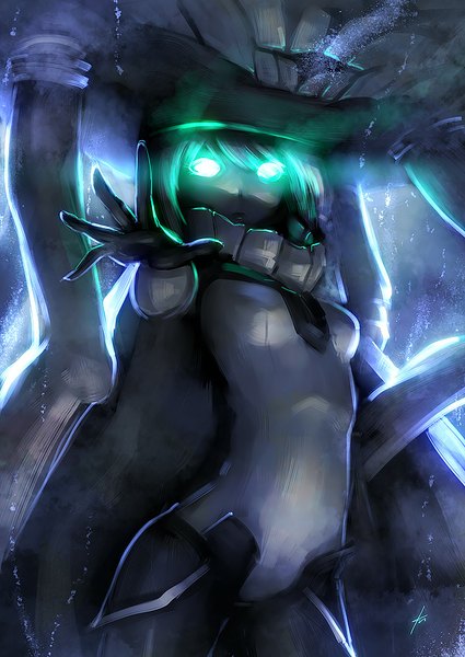 Anime picture 627x885 with kantai collection wo-class aircraft carrier ebizome single tall image looking at viewer fringe short hair standing green eyes parted lips teeth outstretched arm glowing glowing eye (eyes) underwater arched back shinkaisei-kan girl gloves