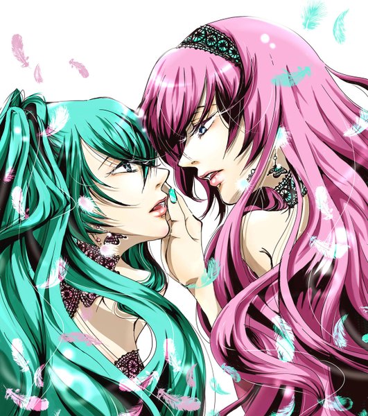 Anime picture 1240x1400 with vocaloid magnet (vocaloid) hatsune miku megurine luka uico (artist) long hair tall image blue eyes bare shoulders multiple girls pink hair nail polish lips aqua hair face to face girl 2 girls earrings hairband insect