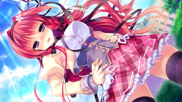 Anime picture 2048x1152 with love love life skyfish (studio) akemiya sakura rubi-sama single long hair looking at viewer blush highres open mouth wide image purple eyes game cg red hair girl thighhighs dress skirt uniform ribbon (ribbons)