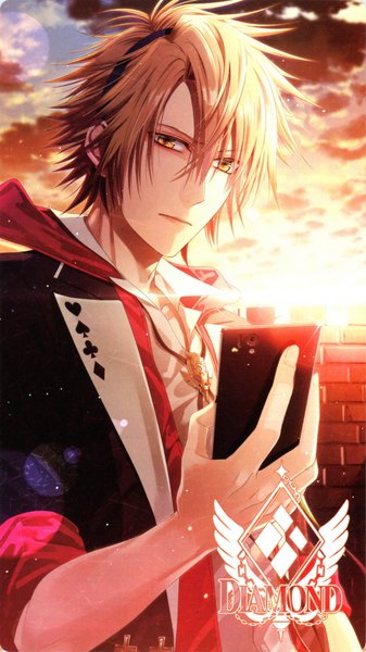 Anime picture 1963x3494 with amnesia idea factory toma (amnesia) hanamura mai single tall image looking at viewer highres short hair blonde hair yellow eyes sky cloud (clouds) scan official art boy mobile phone