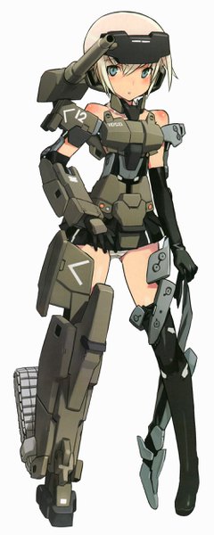 イラスト 1000x2500 と フレームアームズ・ガール gourai shimada fumikane ソロ 長身像 カメラ目線 赤面 前髪 短い髪 青い目 light erotic simple background 金髪 hair between eyes 立つ 白背景 肩出し payot 全身 parted lips