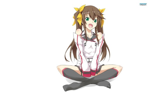 Anime picture 1920x1200 with infinite stratos 8bit fang linyin x-cs6 (artist) single long hair looking at viewer fringe highres open mouth simple background smile brown hair wide image white background sitting twintails bare shoulders green eyes long sleeves