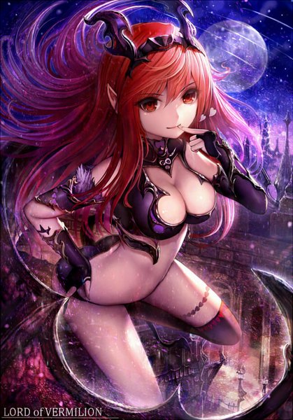 Anime picture 600x858 with lord of vermilion hisahisahisahisa single long hair tall image light erotic red eyes bent knee (knees) red hair light smile pointy ears hand on hip finger to mouth arched back girl thighhighs hair ornament underwear panties black thighhighs