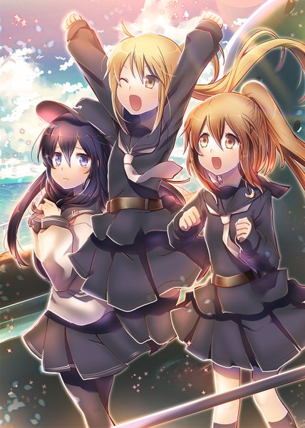 Anime picture 1000x1400 with kantai collection akatsuki destroyer satsuki destroyer fumizuki destroyer fumizuki (kantai collection) suou sakura long hair tall image open mouth black hair blonde hair hair between eyes brown hair purple eyes multiple girls brown eyes yellow eyes sky cloud (clouds) ponytail
