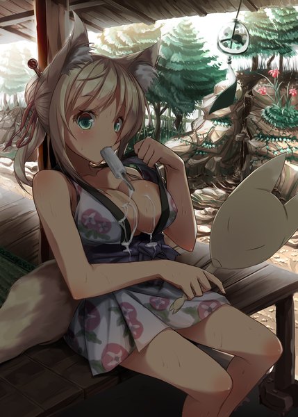Anime picture 1296x1813 with dog days yukikaze panettone re:n ne single long hair tall image breasts light erotic blonde hair large breasts sitting green eyes animal ears ponytail traditional clothes japanese clothes animal tail fox ears fox tail fox girl