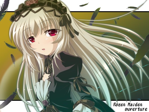 Anime picture 1200x900 with rozen maiden suigintou gucchi single long hair open mouth red eyes silver hair copyright name girl dress hairband feather (feathers)