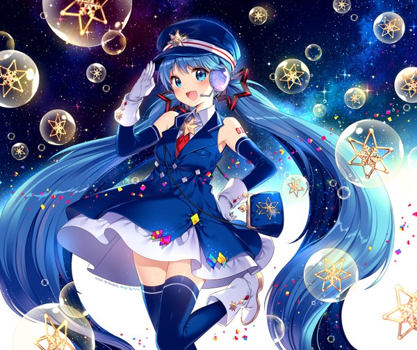 Anime picture 1426x1200 with vocaloid hatsune miku yuki miku nardack single looking at viewer blush fringe open mouth blue eyes smile standing white background twintails bare shoulders signed blue hair bent knee (knees) very long hair :d