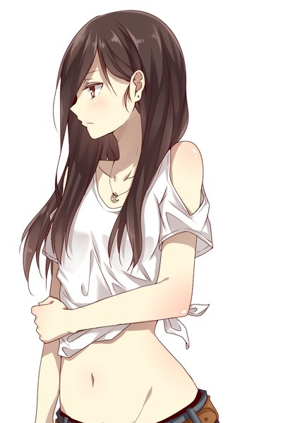 Anime picture 884x1300 with original yamasuta single long hair tall image blush simple background brown hair white background bare shoulders brown eyes looking away profile bare belly girl navel belt pendant