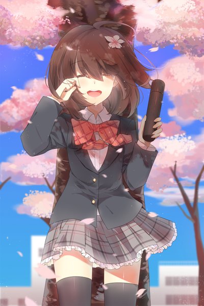 Anime picture 1200x1800 with original moca (p0ckylo) single tall image short hair open mouth brown hair eyes closed tears cherry blossoms graduation girl skirt uniform plant (plants) school uniform miniskirt petals tree (trees) bowtie