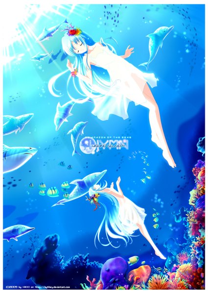 Anime picture 1054x1489 with original myhilary long hair tall image bare shoulders multiple girls eyes closed profile sunlight aqua hair inscription underwater framed girl dress 2 girls fish (fishes) coral shark dolphin