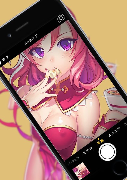 Anime picture 901x1280 with love live! school idol project sunrise (studio) love live! nishikino maki fiodo single tall image looking at viewer blush short hair breasts light erotic simple background purple eyes pink hair nail polish chinese clothes eating yellow background food in mouth