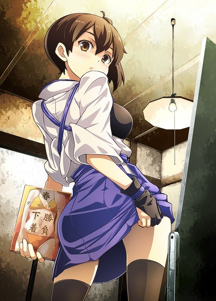 Anime picture 662x920 with kantai collection kaga aircraft carrier yuji overall single tall image looking at viewer blush short hair breasts light erotic brown hair brown eyes indoors looking back from behind from below side ponytail skirt lift girl thighhighs