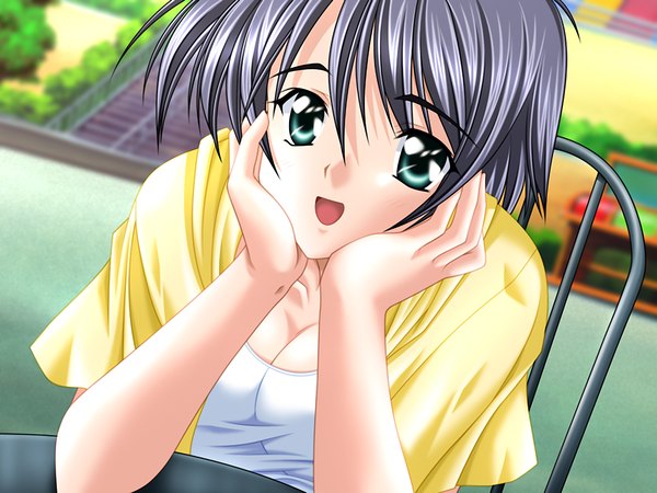 Anime picture 1200x900 with x-change (game) black hair green eyes game cg girl