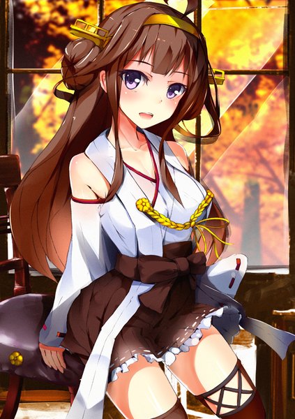 Anime picture 595x842 with kantai collection kongou battleship henet hene single long hair tall image blush open mouth smile brown hair purple eyes traditional clothes autumn nontraditional miko girl thighhighs skirt hair ornament black thighhighs plant (plants)