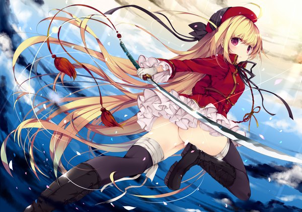 Anime picture 1025x724 with original umino mizu single looking at viewer fringe light erotic blonde hair sky cloud (clouds) ahoge bent knee (knees) ass very long hair pink eyes looking back sparkle no panties girl thighhighs gloves