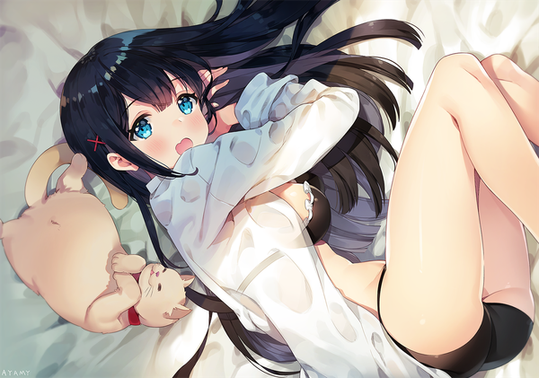 Anime picture 1300x914 with original miyawaki sana ayami (annahibi) single long hair blush fringe breasts open mouth blue eyes light erotic black hair hair between eyes signed bent knee (knees) ass lying long sleeves from above open shirt