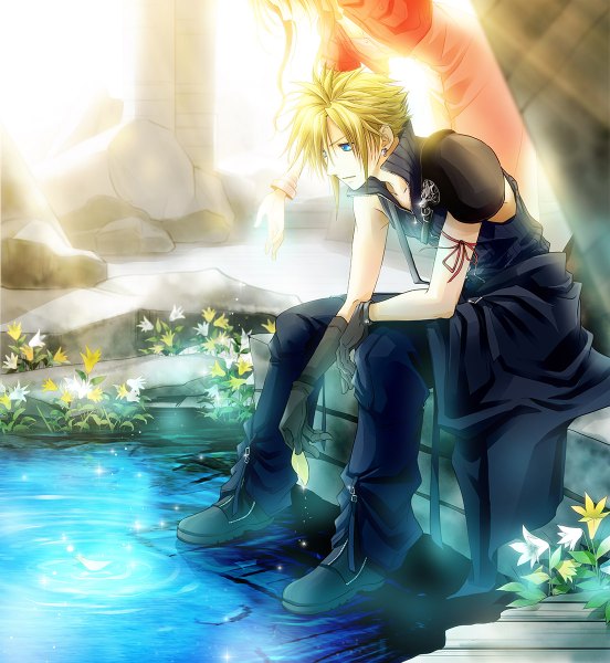 Anime picture 1104x1200 with final fantasy final fantasy vii square enix aerith gainsborough cloud strife persia (artist) long hair tall image short hair blue eyes blonde hair brown hair sitting sunlight orange hair open collar girl boy gloves flower (flowers)